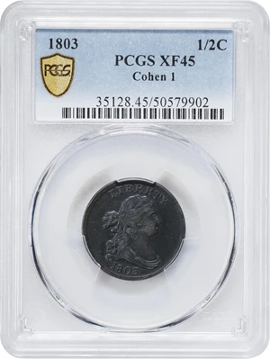 image for: 1803 Draped Bust Half Cent. C-1. Rarity-1. EF-45 (PCGS).