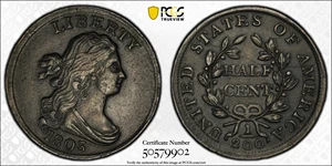 image for: 1803 Draped Bust Half Cent. C-1. Rarity-1. EF-45 (PCGS).