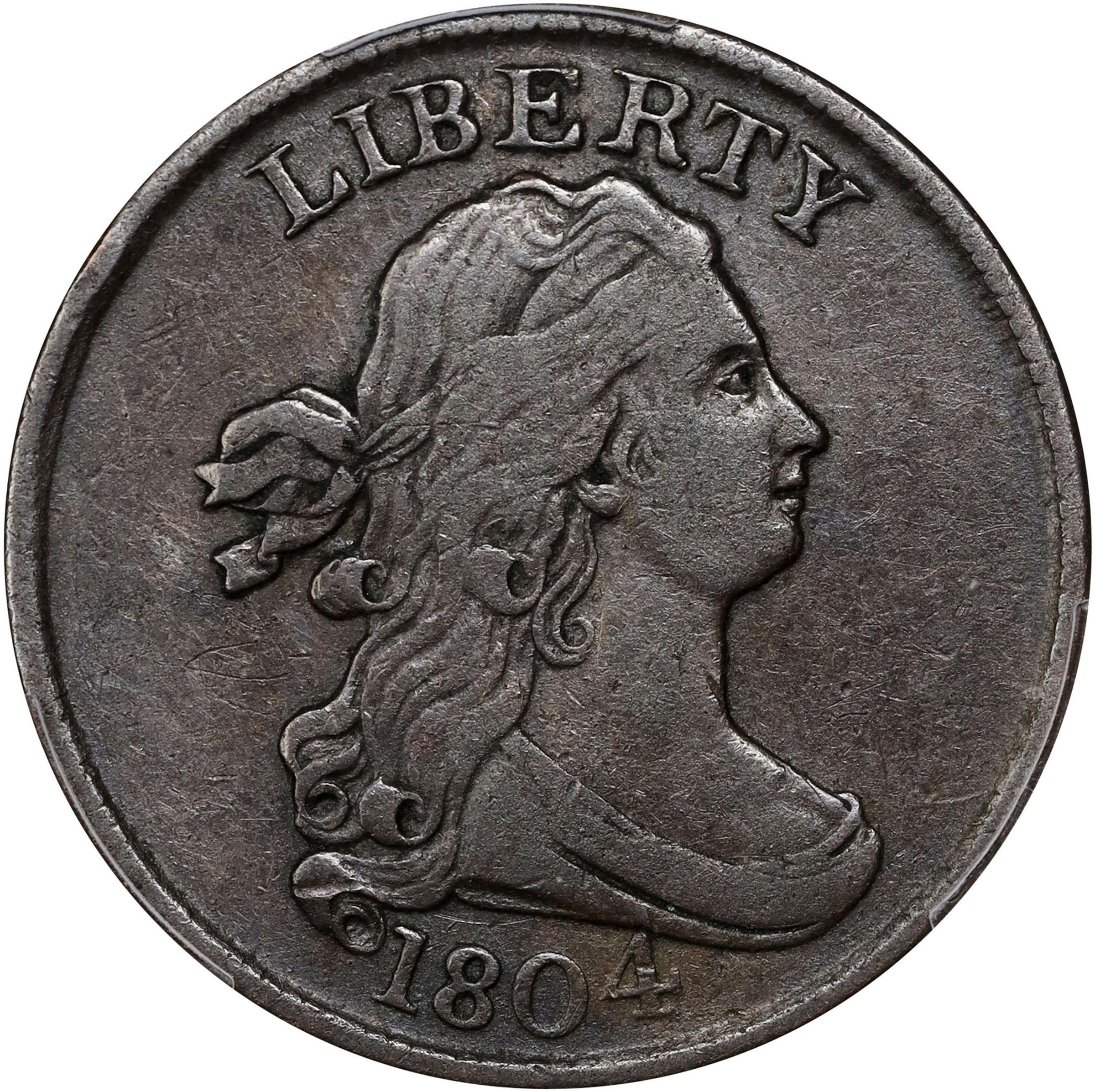 image for: 1804 Draped Bust Half Cent. C-1. Rarity-3. Crosslet 4, Stems to Wreath. VF-35 (PCGS).