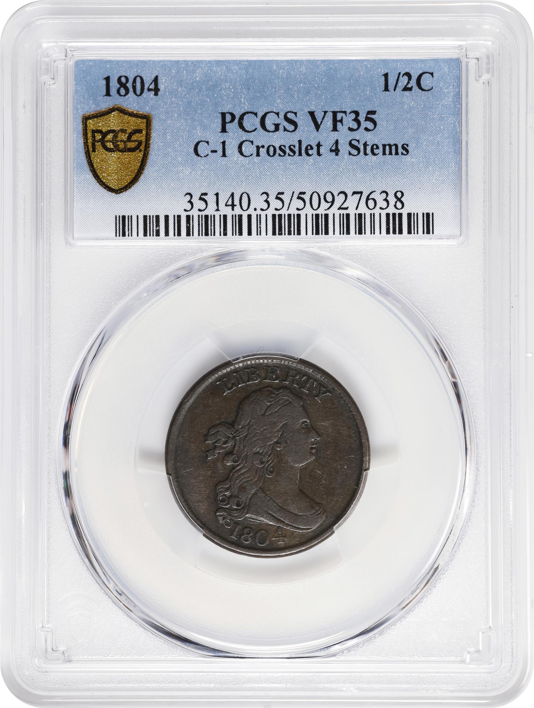 image for: 1804 Draped Bust Half Cent. C-1. Rarity-3. Crosslet 4, Stems to Wreath. VF-35 (PCGS).