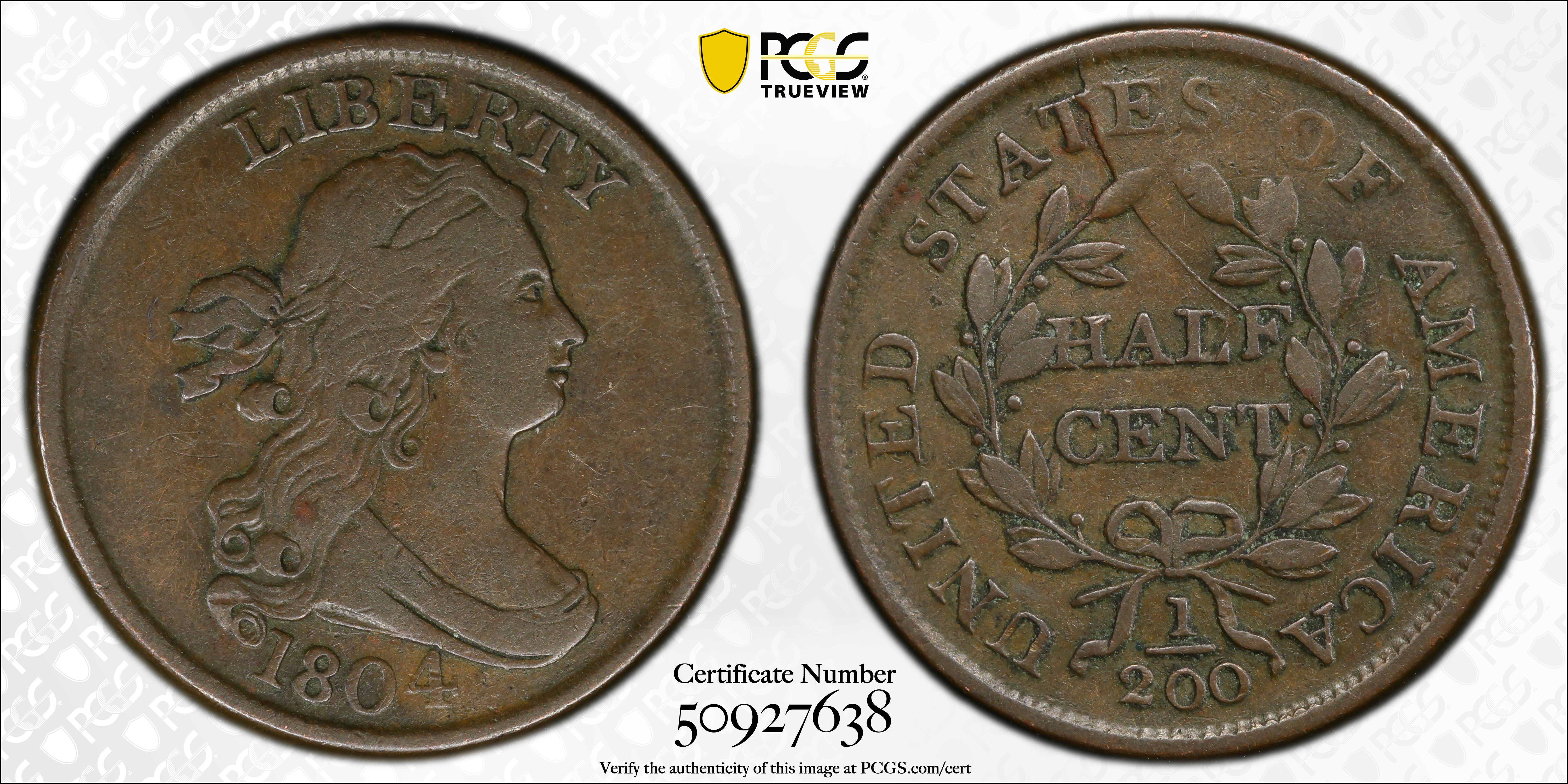 image for: 1804 Draped Bust Half Cent. C-1. Rarity-3. Crosslet 4, Stems to Wreath. VF-35 (PCGS).