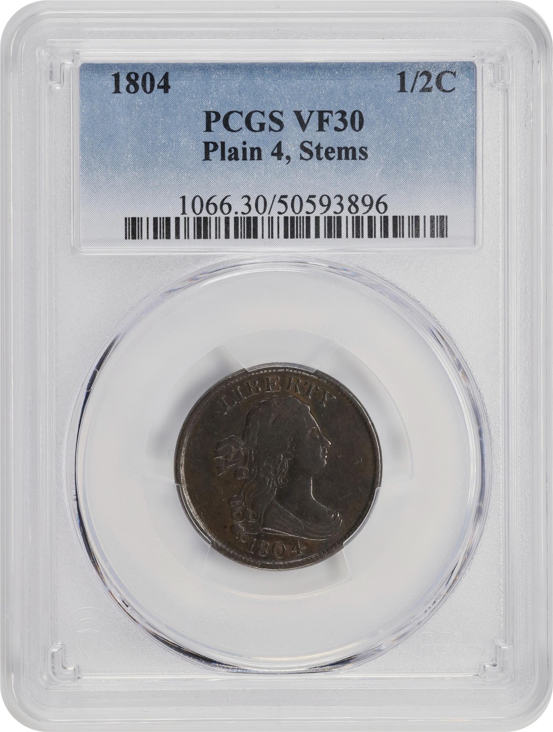 1804 1/2c Plain 4, Stems MS BN VF30 BN CAC thumbnail 4