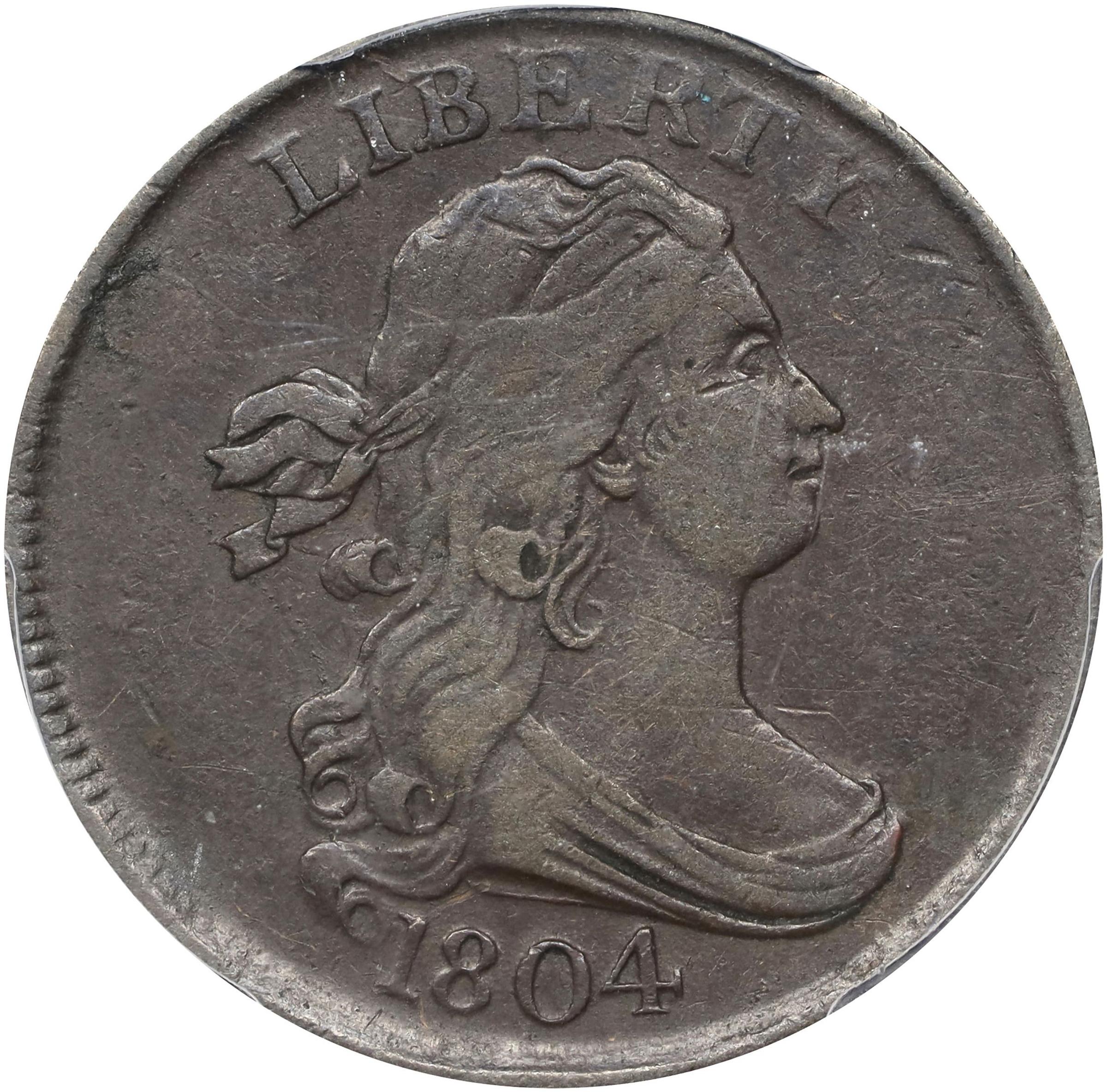 1804 Draped Bust Half Cent. C-12. Rarity-2. Crosslet 4, Stemless Wreath. VF-35 (PCGS).