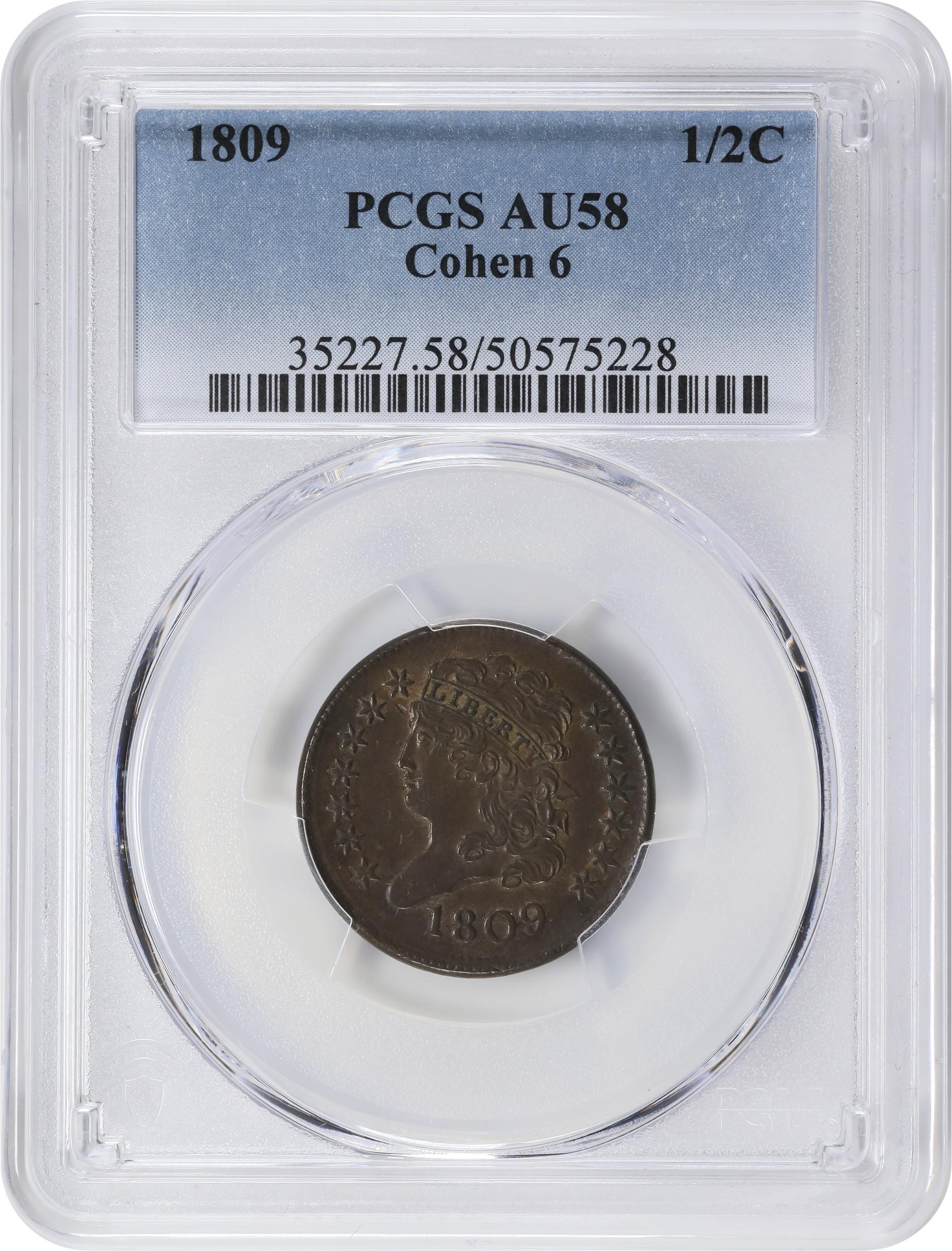 image for: 1809 Classic Head Half Cent. C-6. Rarity-1. AU-58 (PCGS).