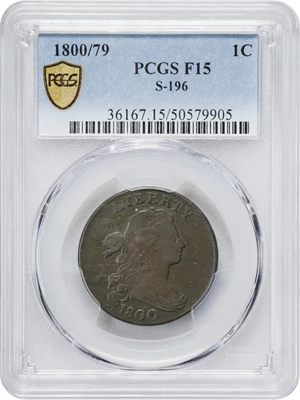image for: 1800/79 Draped Bust Cent. S-196, B-10. Rarity-1. 80/79, Style II Hair. Fine-15 (PCGS).