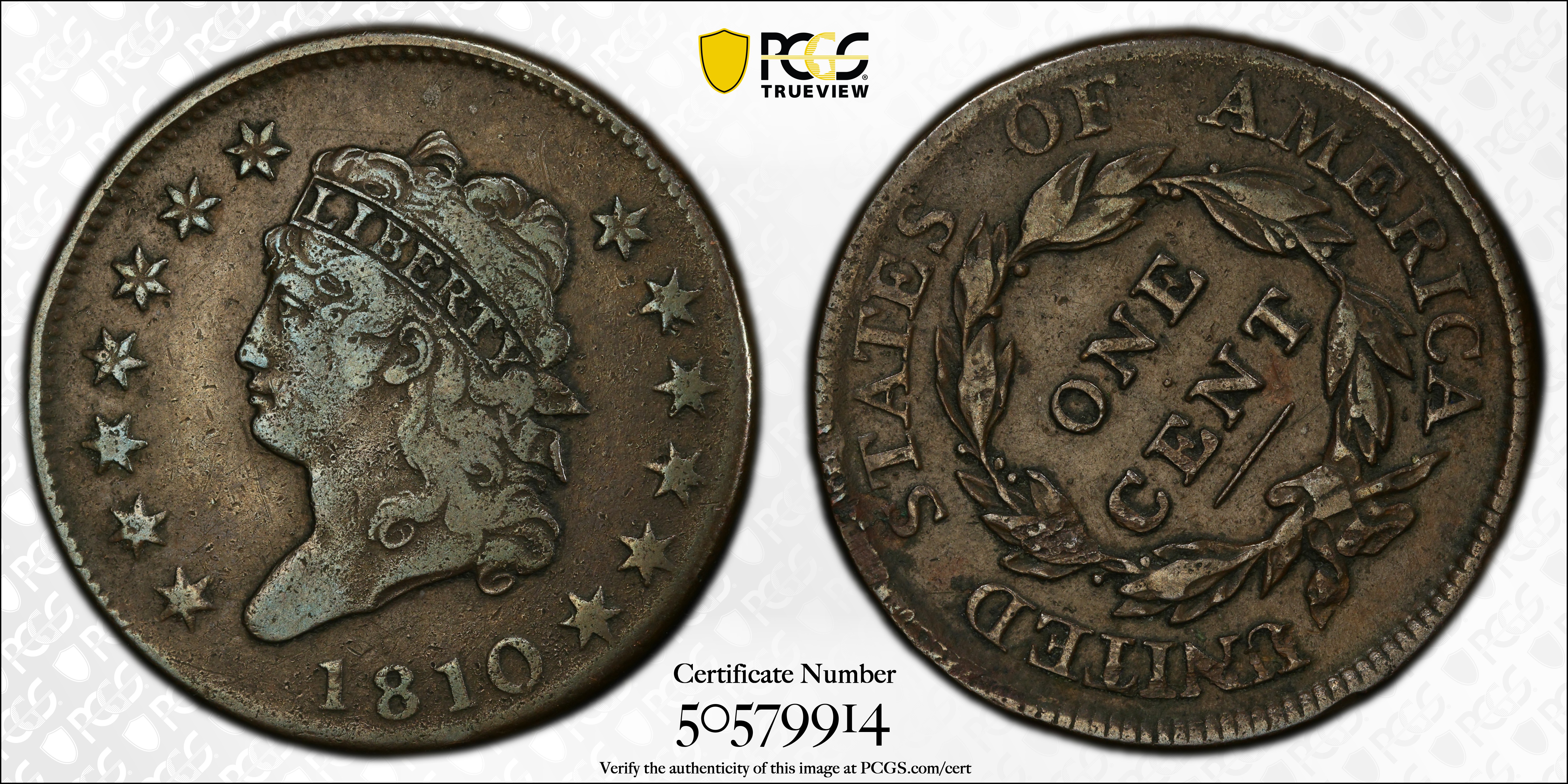 image for: 1810 Classic Head Cent. S-284, B-5. Rarity-3. Fine-15 (PCGS).