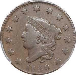 image for: 1820 Matron Head Cent. N-8. Rarity-3. Small Date. VF-30 (PCGS).