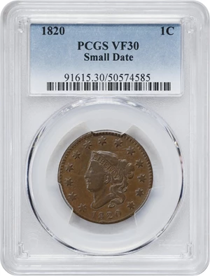 image for: 1820 Matron Head Cent. N-8. Rarity-3. Small Date. VF-30 (PCGS).