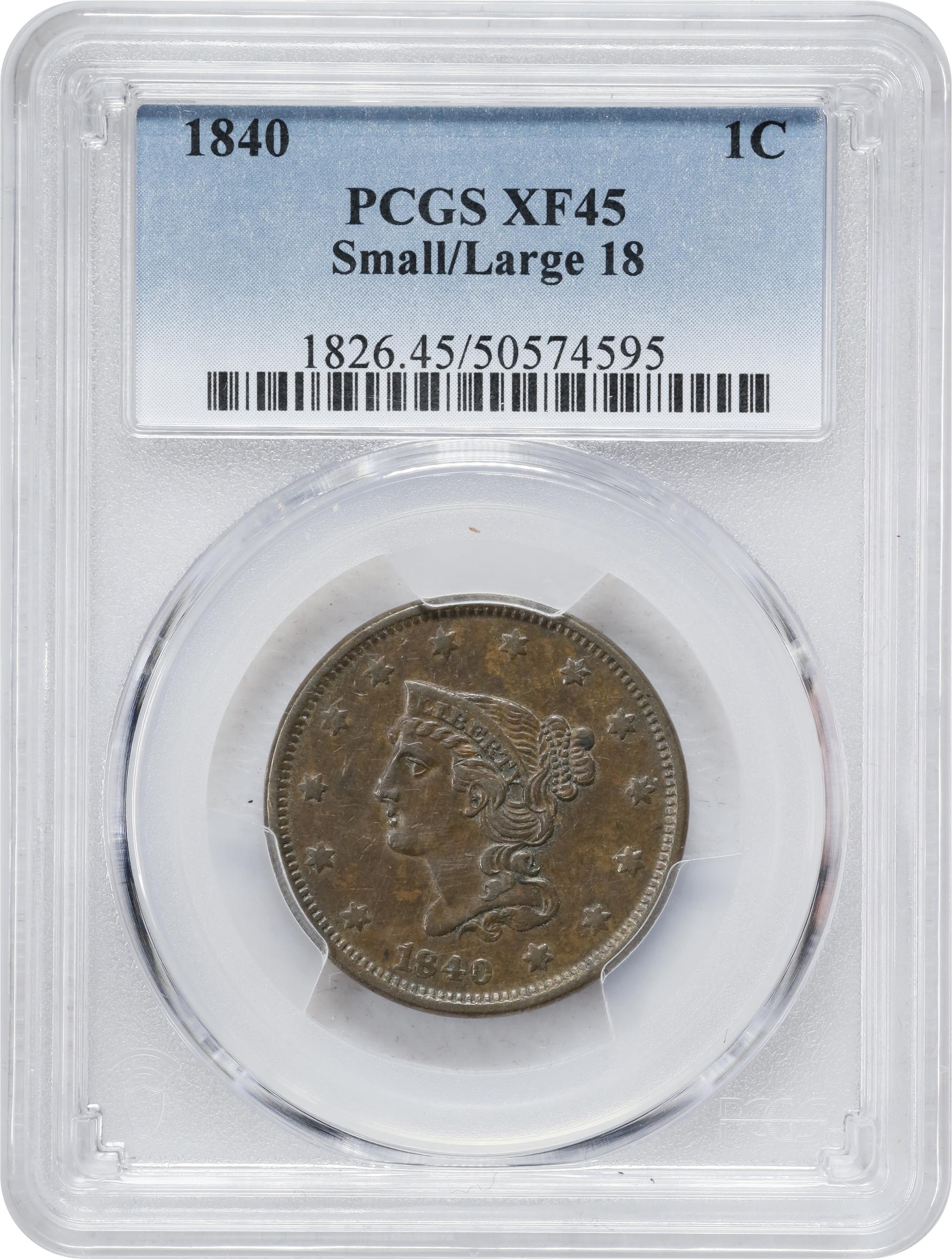 image for: 1840 Braided Hair Cent. N-2. Rarity-2. Small Date/Large 18. EF-45 (PCGS).