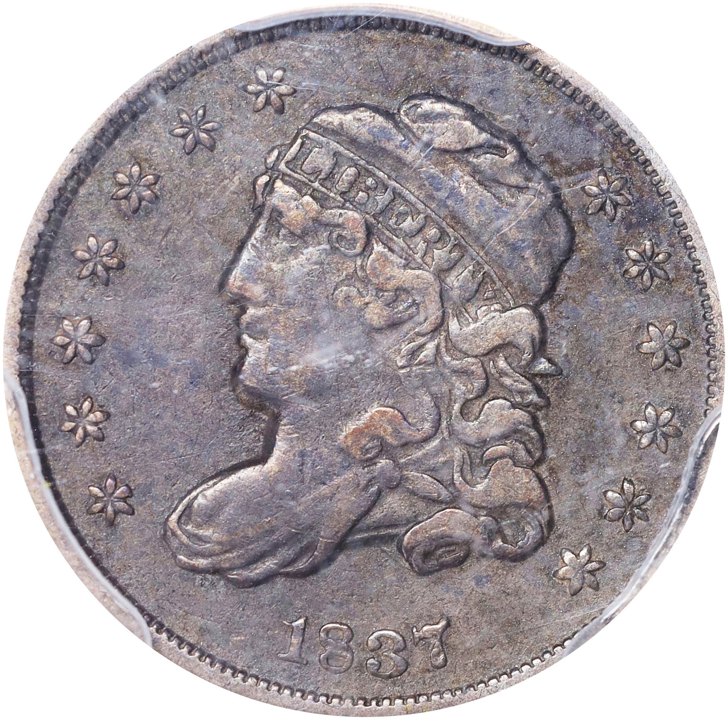 image for: 1837 Capped Bust Half Dime. LM-4, V-2. Rarity-3. Small 5 C. EF-45 (PCGS).