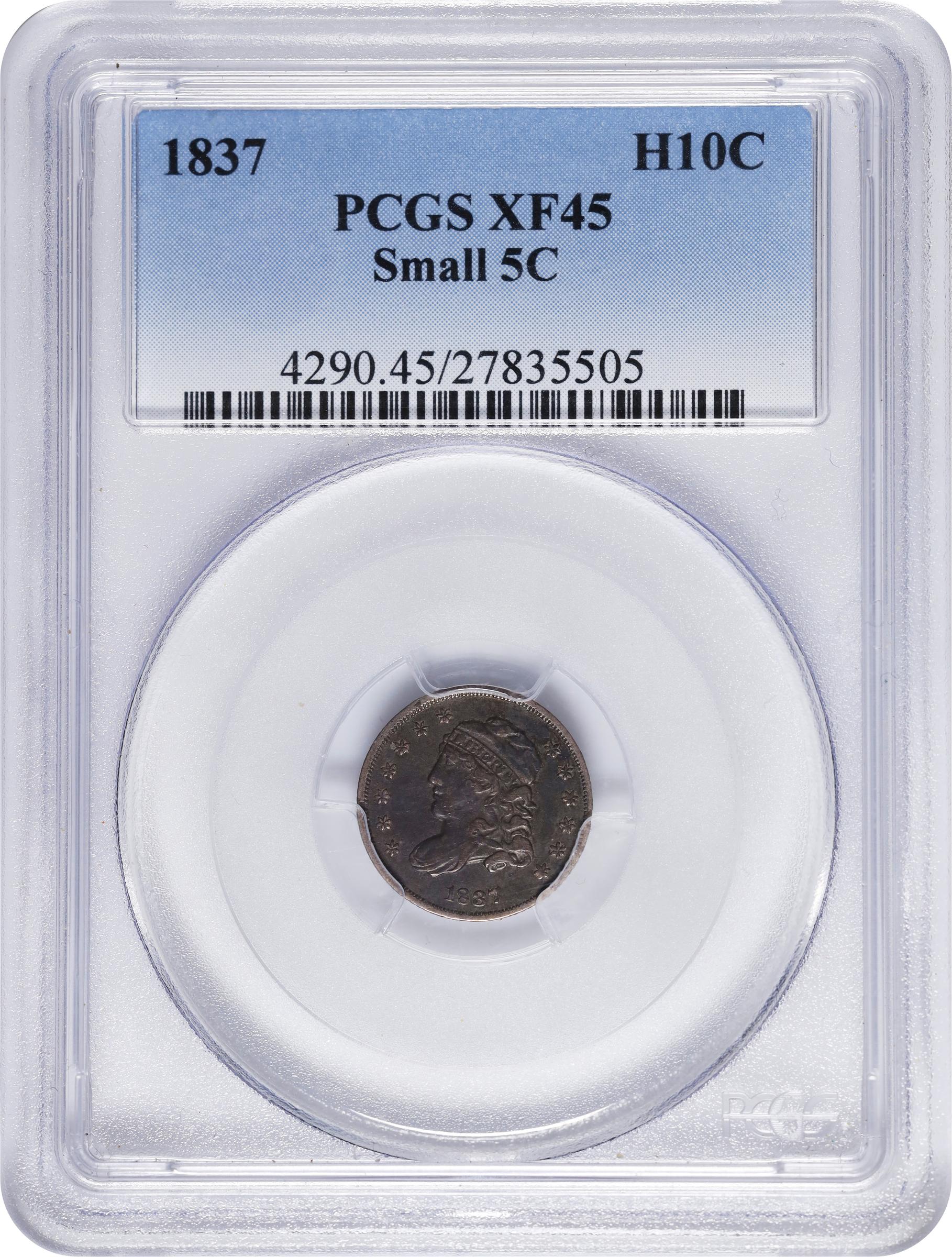 image for: 1837 Capped Bust Half Dime. LM-4, V-2. Rarity-3. Small 5 C. EF-45 (PCGS).