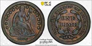 image for: 1856-S Liberty Seated Dime. Fortin-101. Rarity-5. Fine-15 (PCGS).