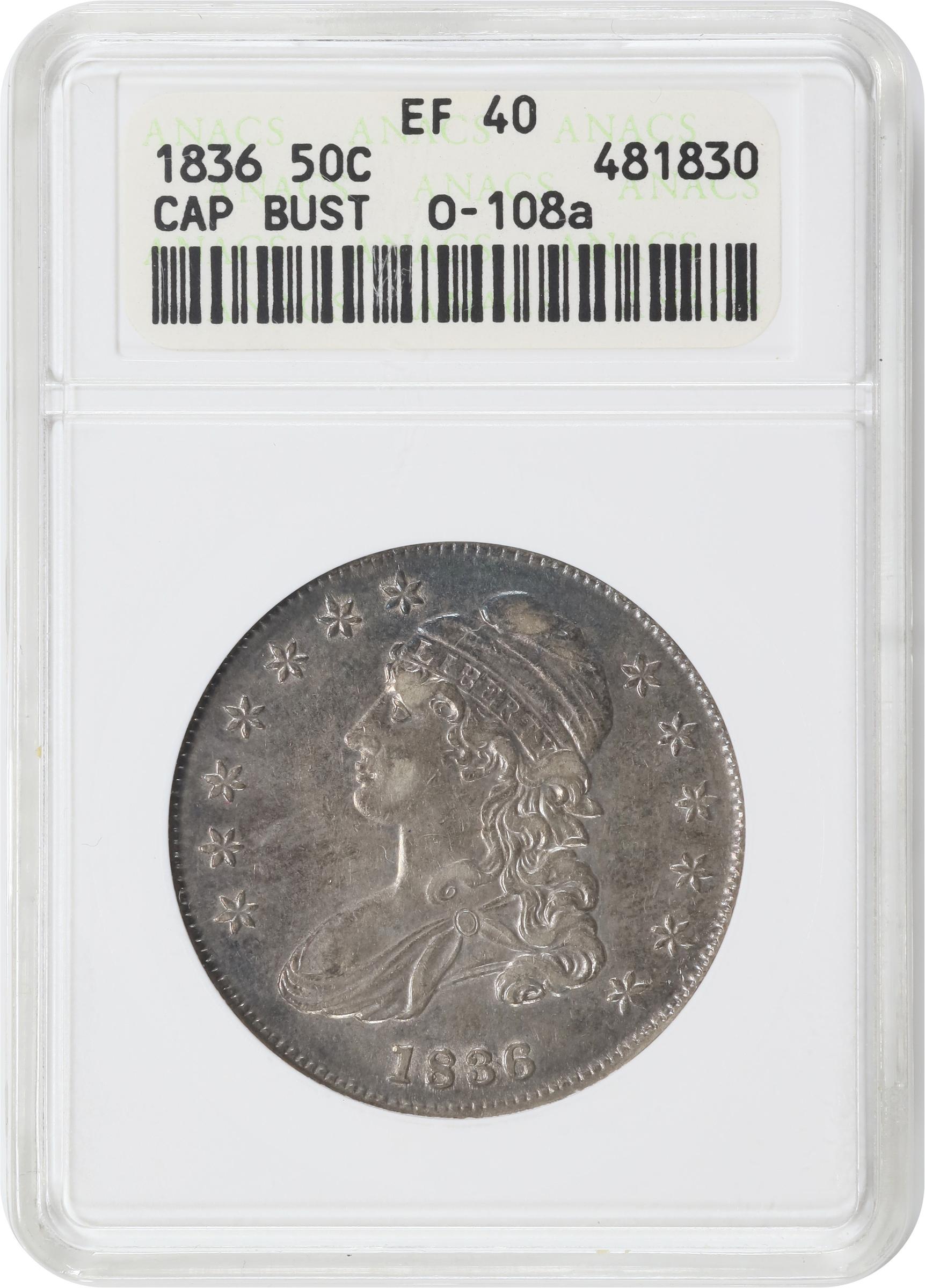 image for: 1836 Capped Bust Half Dollar. Lettered Edge. O-108a. Rarity-1. 1836/1336. EF-40 (ANACS). OH.