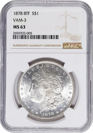image for: 1878 Morgan Silver Dollar. 8 Tailfeathers. VAM-3. Spiked Eye. MS-63 (NGC).