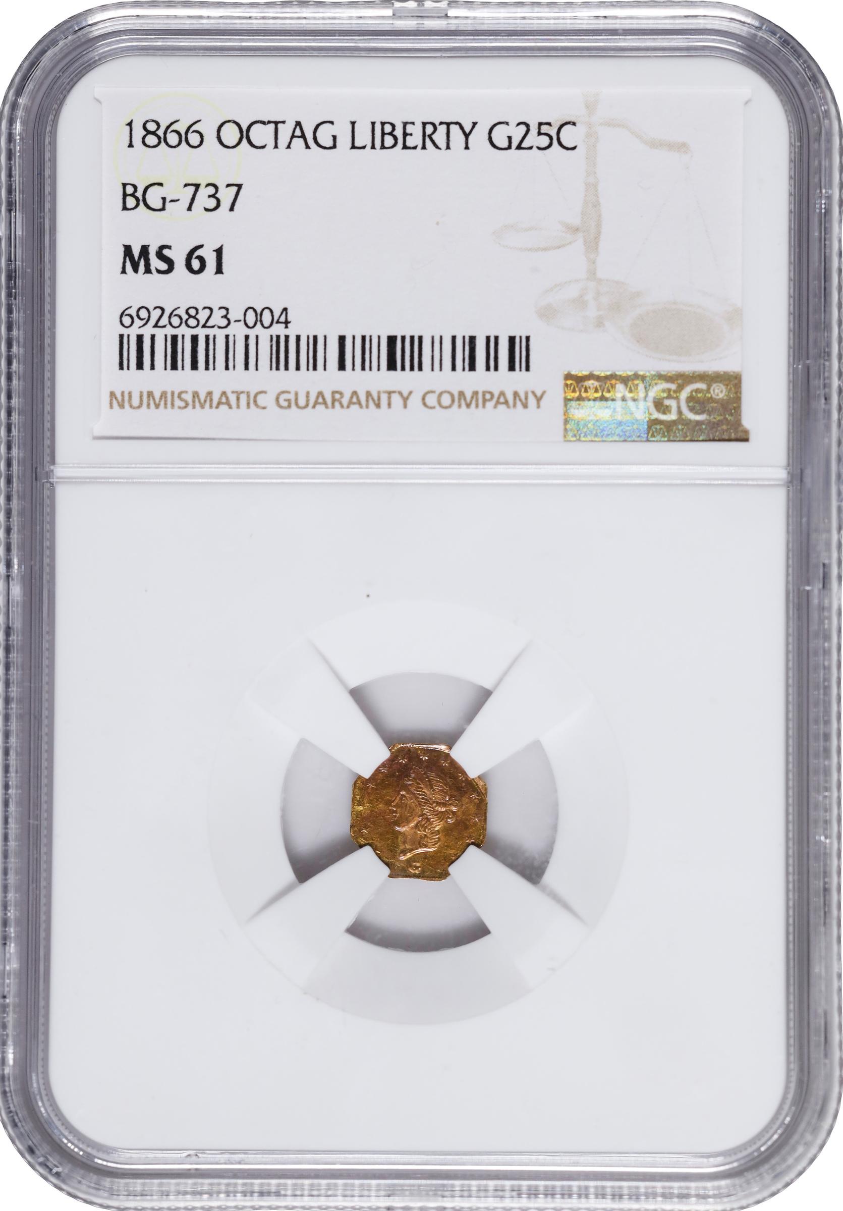 image for: 1866 Octagonal 25 Cents. BG-737. Rarity-5. Liberty Head. MS-61 (NGC).