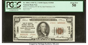 image for: San Francisco, CA - $100 1929 Ty. 2 Bank of America National Trust & Savings Assoc Ch. # 13044 PCGS About New 50....