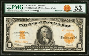 image for: Fr. 1173a $10 1922 Gold Certificate PMG About Uncirculated 53....