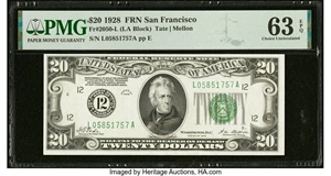 image for: Fr. 2050-L $20 1928 Federal Reserve Note. PMG Choice Uncirculated 63 EPQ....