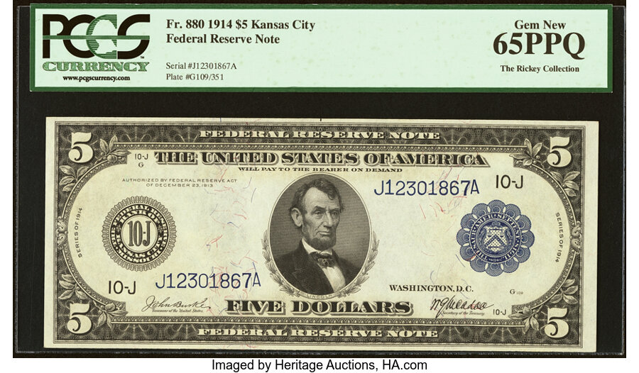 image for: Fr. 880 $5 1914 Federal Reserve Note PCGS Gem New 65PPQ....