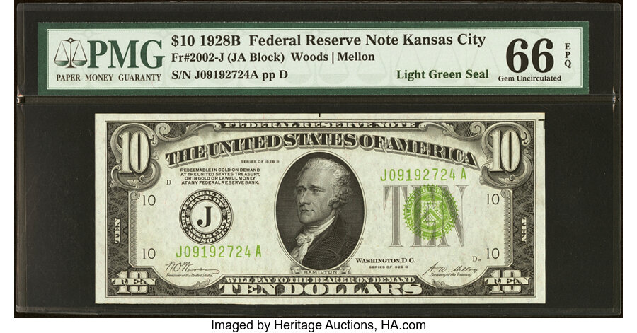 image for: Fr. 2002-J $10 1928B Light Green Seal Federal Reserve Note. PMG Gem Uncirculated 66 EPQ....