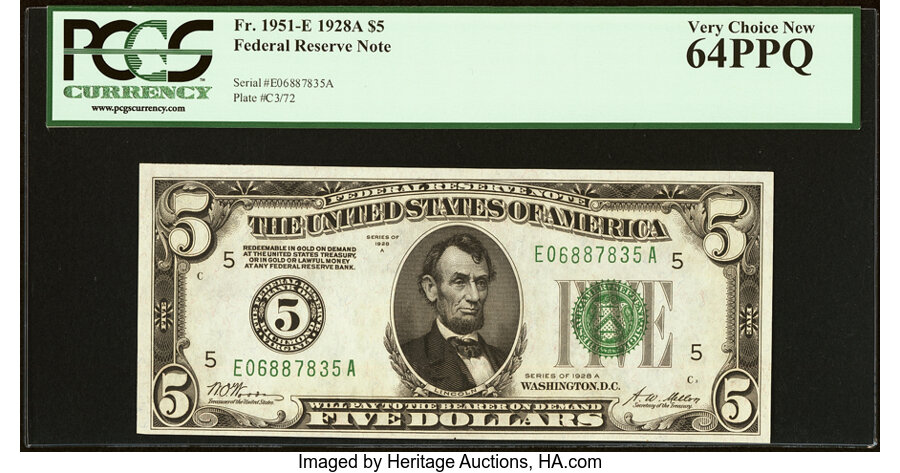 image for: Fr. 1951-E $5 1928A Federal Reserve Note. PCGS Very Choice New 64PPQ....
