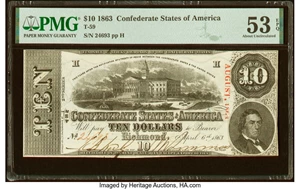 image for: T59 $10 1863 PF-38 Cr. UNL PMG About Uncirculated 53 EPQ....