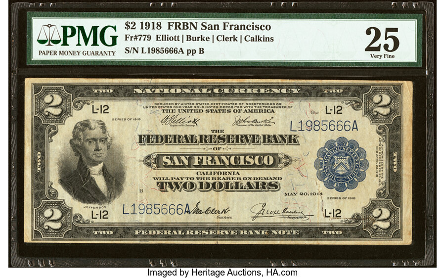image for: Fr. 779 $2 1918 Federal Reserve Bank Note PMG Very Fine 25....