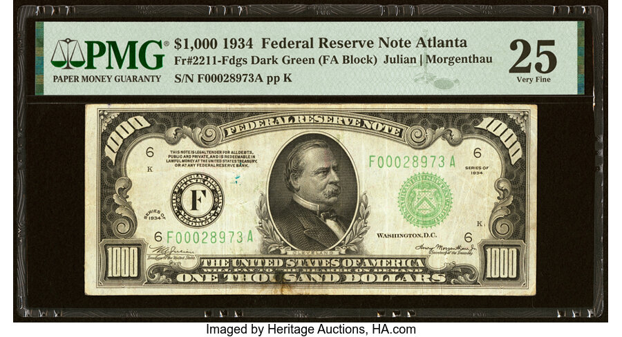 image for: Fr. 2211-F $1,000 1934 Federal Reserve Note. PMG Very Fine 25....
