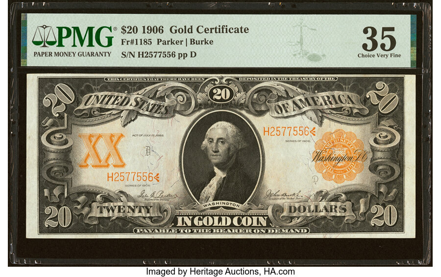 image for: Fr. 1185 $20 1906 Gold Certificate PMG Choice Very Fine 35....