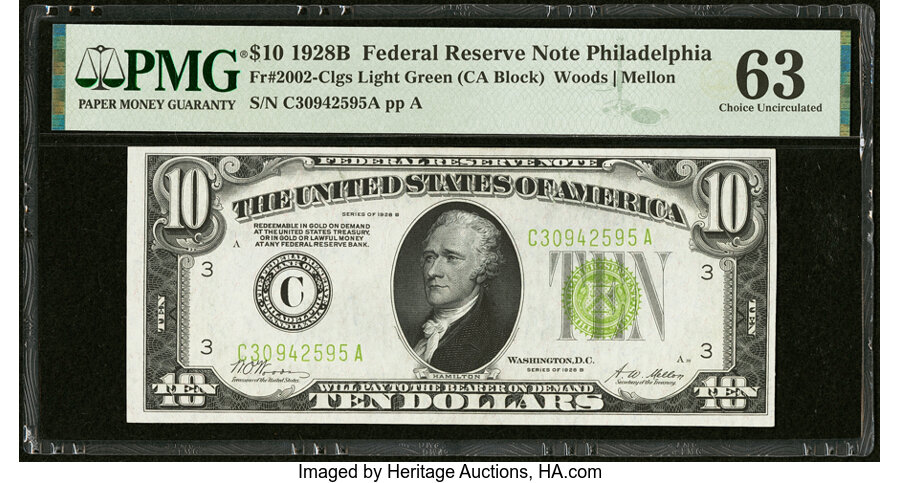 image for: Fr. 2002-C $10 1928B Light Green Seal Federal Reserve Note. PMG Choice Uncirculated 63....