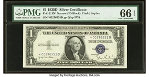 image for: Fr. 1613N* $1 1935D Narrow Silver Certificate Star. *D Block. PMG Gem Uncirculated 66 EPQ....