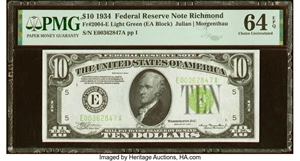 image for: Fr. 2004-E $10 1934 Light Green Seal Federal Reserve Note. PMG Choice Uncirculated 64 EPQ....