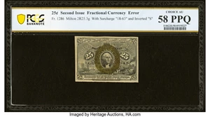 image for: Inverted "S" Surcharge Error Milton 2R25.3g Fr. 1286 25¢ Second Issue PCGS Banknote Choice About Uncirculated 58 PPQ....