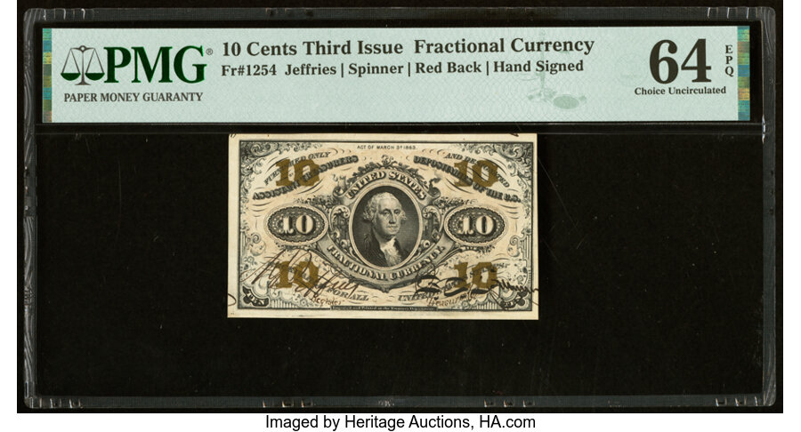 image for: Fr. 1254 10¢ Third Issue PMG Choice Uncirculated 64 EPQ....
