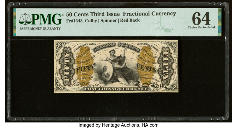 image for: Fr. 1343 50¢ Third Issue Justice PMG Choice Uncirculated 64....