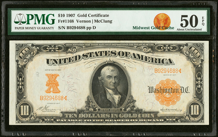 image for: Fr. 1168 $10 1907 Gold Certificate PMG About Uncirculated 50 EPQ....