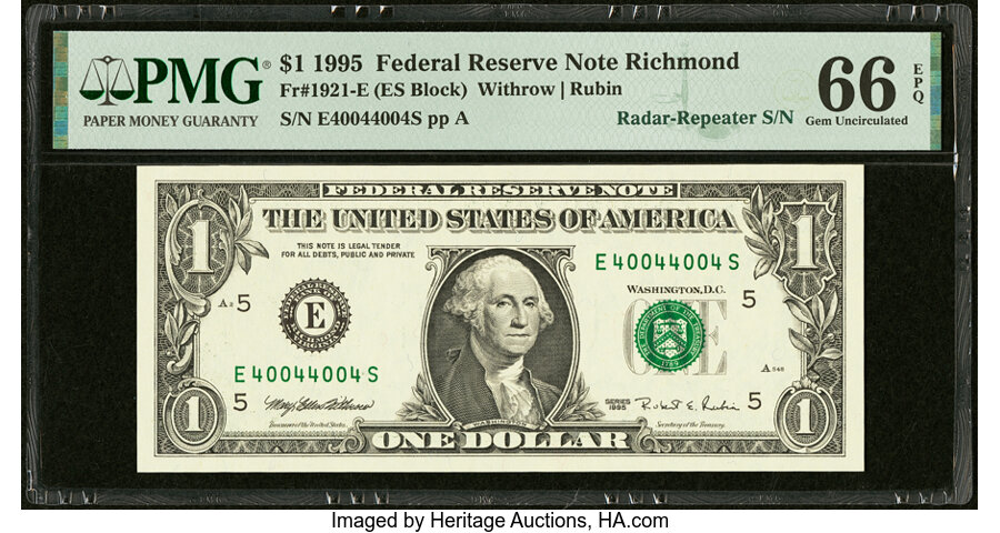 image for: Radar-Repeater Serial Number 40044004 Fr. 1921-E $1 1995 Federal Reserve Note. PMG Gem Uncirculated 66 EPQ....