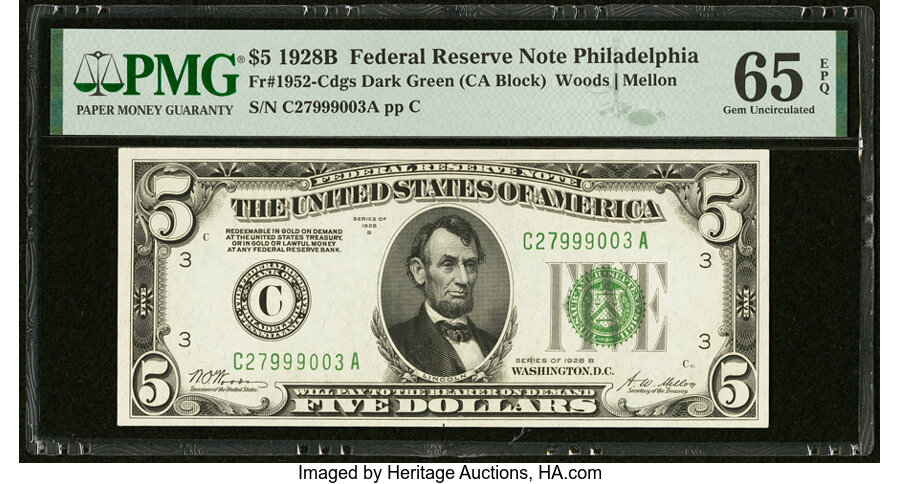 image for: Fr. 1952-C $5 1928B Federal Reserve Note. PMG Gem Uncirculated 65 EPQ....