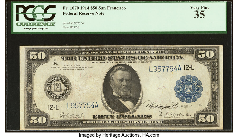 image for: Fr. 1070 $50 1914 Federal Reserve Note PCGS Very Fine 35....