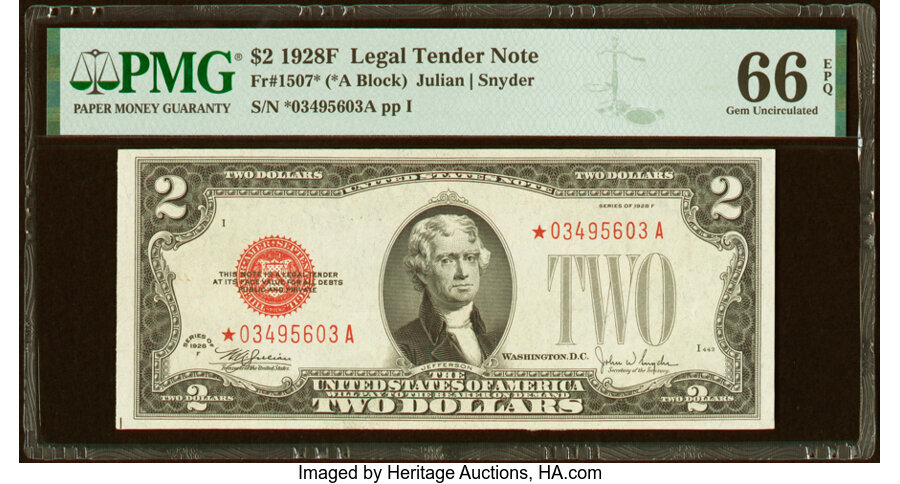 image for: Fr. 1507* $2 1928F Legal Tender Star Note. PMG Gem Uncirculated 66 EPQ....