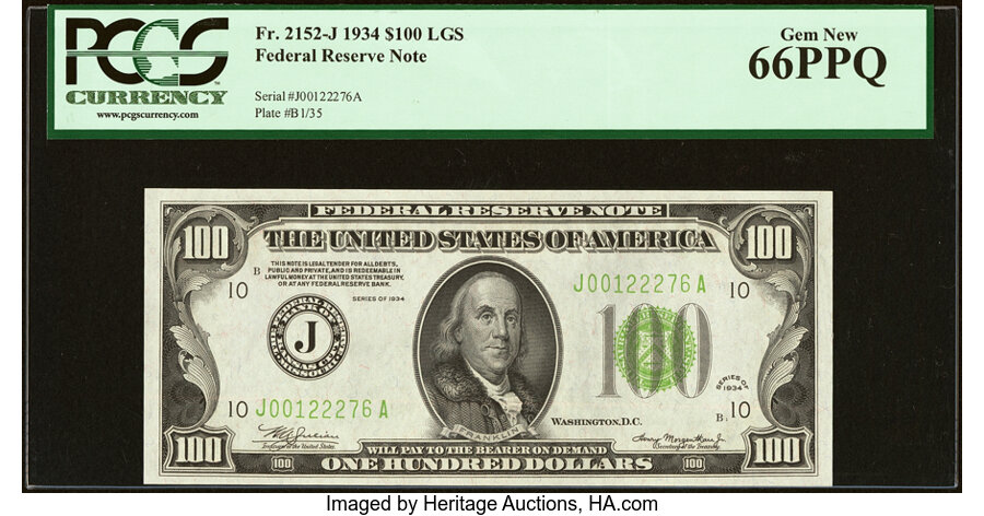 image for: Fr. 2152-J $100 1934 Light Green Seal Federal Reserve Note. PCGS Gem New 66PPQ....