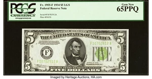 image for: Fr. 1955-F $5 1934 Light Green Seal Federal Reserve Note. PCGS Gem New 65PPQ....