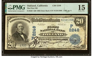 image for: Oakland, CA - $20 1902 Date Back Fr. 649 The First National Bank Ch. # (P)2248 PMG Choice Fine 15....