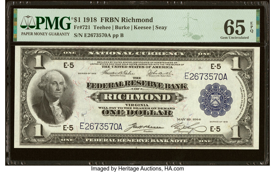 image for: Fr. 721 $1 1918 Federal Reserve Bank Note PMG Gem Uncirculated 65 EPQ....