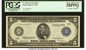 image for: Fr. 885 $5 1914 Federal Reserve Note PCGS Choice About New 58PPQ....