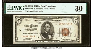 image for: Fr. 1850-L $5 1929 Federal Reserve Bank Note. PMG Very Fine 30....