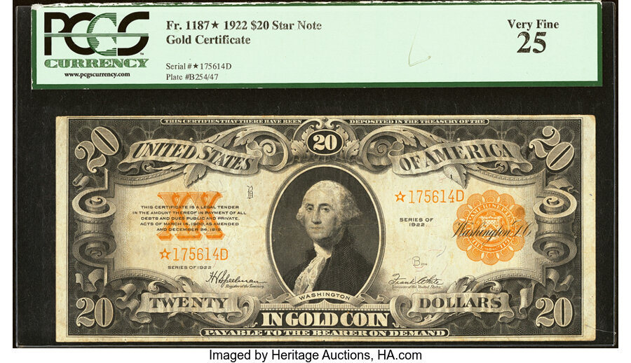 image for: Fr. 1187* $20 1922 Gold Certificate Star PCGS Very Fine 25....