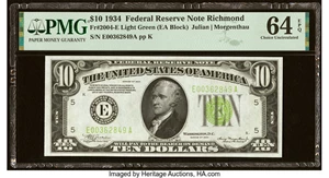 image for: Fr. 2004-E $10 1934 Light Green Seal Federal Reserve Note. PMG Choice Uncirculated 64 EPQ....