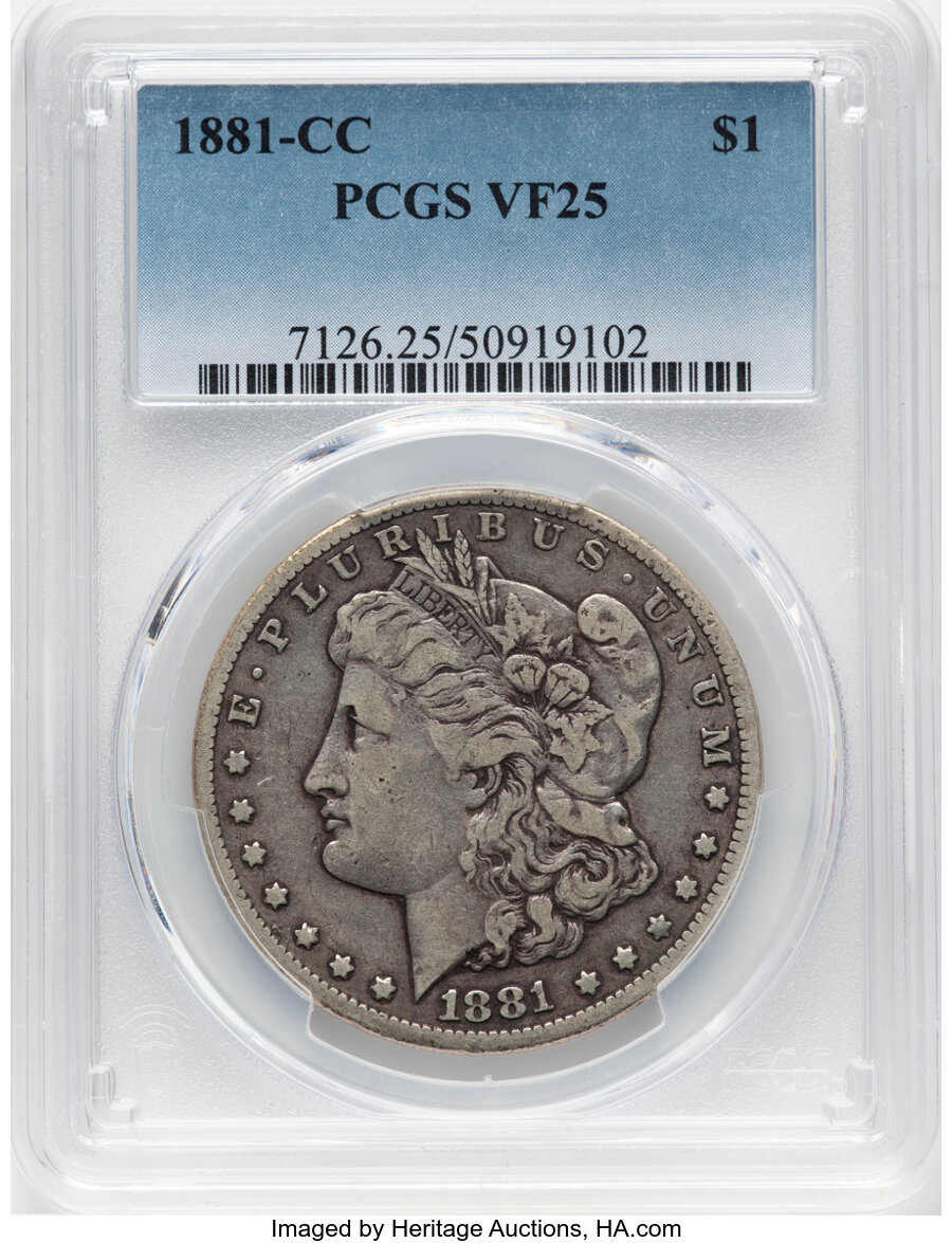 1881-CC $1 VF25 PCGS. PCGS Population: (61/24378). Mintage 296,000. ...