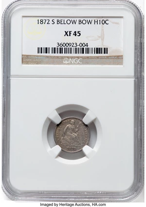 image for: 1872-S H10C Mintmark Below, Misplaced Date, V-5, FS-302, XF45 NGC. NGC Census: (6/233). ...